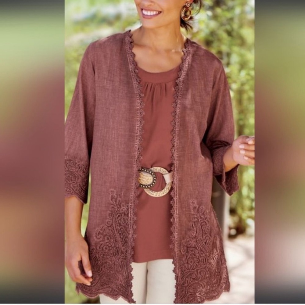 Soft Surroundings Brown Embroidered Top